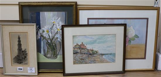 A Dutch etching of a bell tower, a watercolour coastal scene and two other pictures